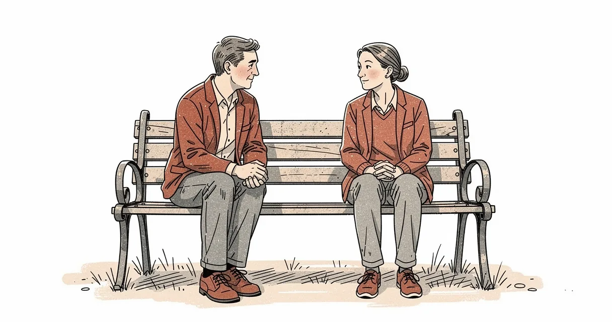 Illustration of two adults turned toward each other on a bench, with space between them