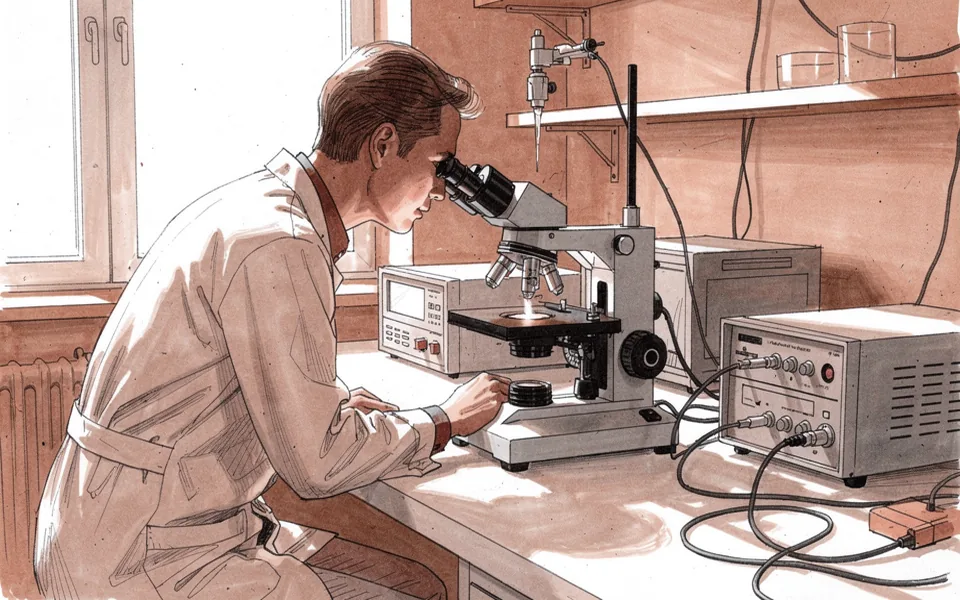 Illustration of a technician observing a microscope and electrophysiology recording rig