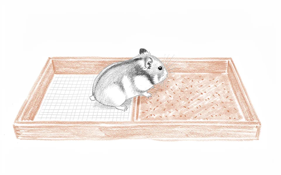Illustration of a Syrian hamster exploring adjoining differently textured compartments