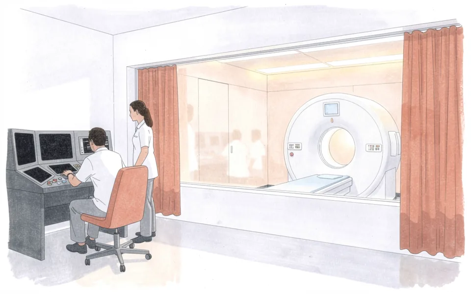 Illustration of two technicians in an MRI control room beside an empty scanner room